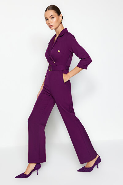 Trendyol Collection Plum Belted Double Breasted Collar Woven Jumpsuit TWOAW23TU00017