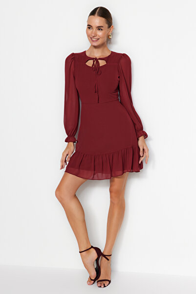 Trendyol Collection Winter Burgundy Collar Chiffon Dress - Lined, Twoaw23El01087