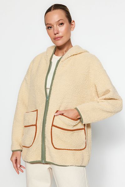Trendyol Collection Ecru Thick Fleece Contrast Piping Hooded Relaxed/Comfortable Fit Knitted Sweatshirt TWOAW24SW00021