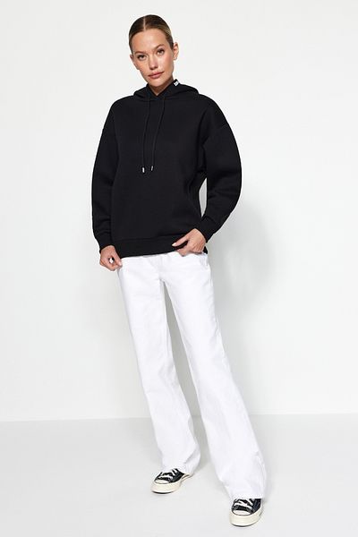 Trendyol Collection Черен плетен суичър с качулка и надпис с лозунги TWOAW24SW00389
