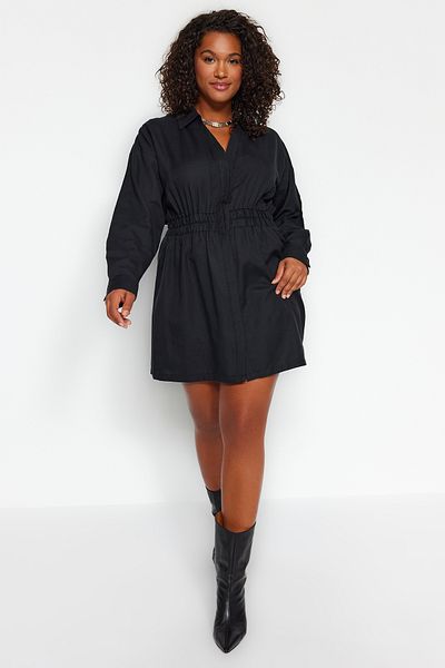 Trendyol Curve Black Plain Shirt Dress Mini Woven Plus Size Dress TBBAW24AH00101