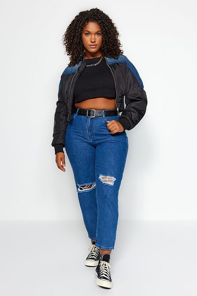 Trendyol Curve Sötétkék Destroy részletes Mom Fit farmer farmer TBBSS23CJ00019