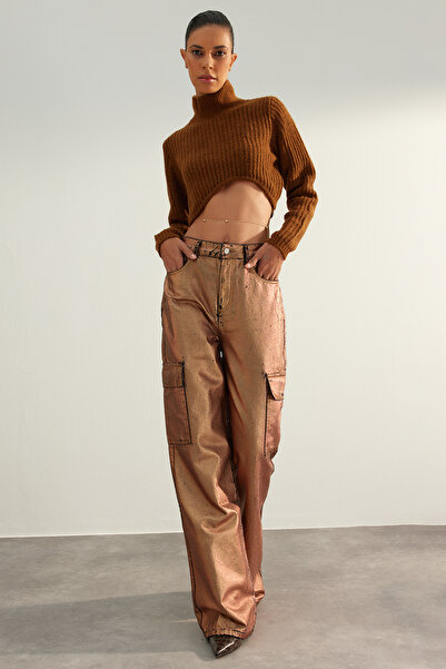 Trendyol Collection Pulover de tricotaj cu detaliu la tiv cu textura moale, ediție limitată, maro, TWOAW24KZ01250