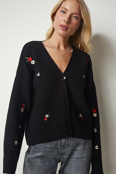 Happiness İstanbul Schwarze Strickjacke mit Blumenstickerei und Knöpfen für Damen KG00005