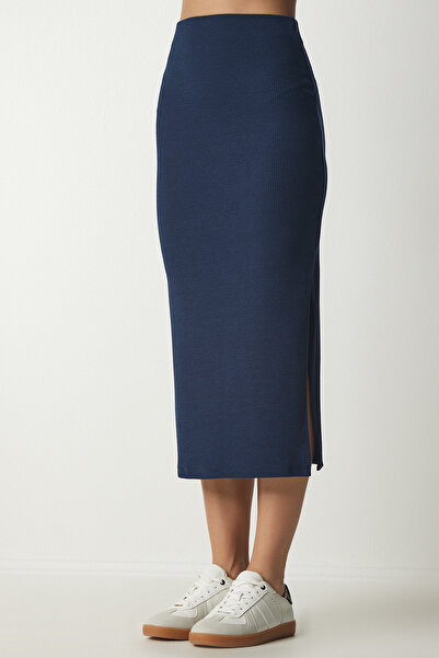 Happiness İstanbul Dámská tužková sukně MC00230 s rozparkem a šňůrkou v námořnické modré barvě