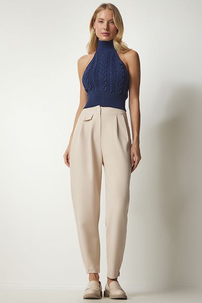 Happiness İstanbul Stilvolle gewebte Damenhose mit Knöpfen in Creme GK00012