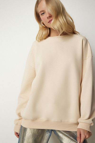 Happiness İstanbul Cremefarbenes, geripptes Oversize-Sweatshirt für Damen MC00232