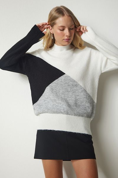 Happiness İstanbul Women's Ecru Black Block Colorful Stand Collar Knitwear Sweater MX00148