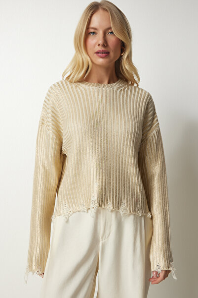 Happiness İstanbul Women's Metallic Yellow Shiny Knitwear Sweater with Ripped Detail PF00021