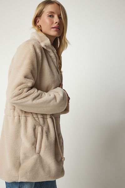 Happiness İstanbul Übergroßer, pelziger Plüschmantel mit Reißverschluss für Damen in Beige RV00149