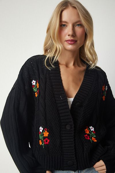 Happiness İstanbul Women's Black Embroidered Knitted Motif Knitwear Cardigan PA00009