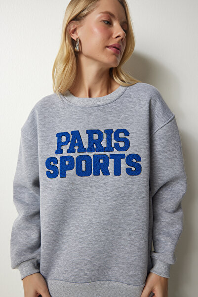 Happiness İstanbul Dámska sivá vyšívaná oversize mikina DP00190