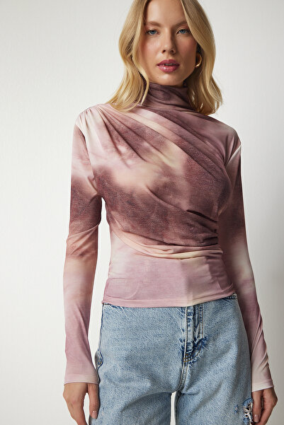 Happiness İstanbul Kadın Pudra Drapeli Dik Yaka Sandy Bluz FF00138