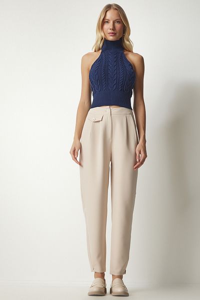 Happiness İstanbul Stilvolle gewebte Damenhose mit Knöpfen in Creme GK00012