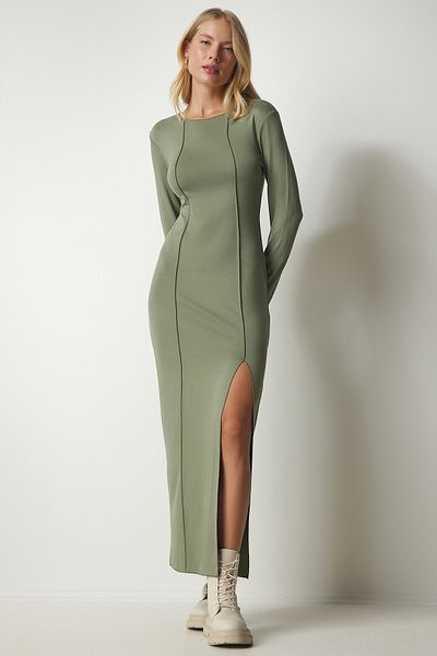 Happiness İstanbul Women's Green Green Slit Stitched Long Viscose Dress UB00181
