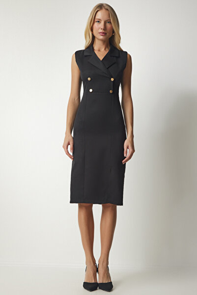 Happiness İstanbul Γυναικείο μαύρο φόρεμα με διπλό γιακά με σκίσιμο κομψό υφαντό TO00106