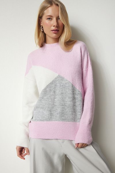 Happiness İstanbul Women's Pink Ecru Block Colorful Stand Collar Knitwear Sweater MX00148
