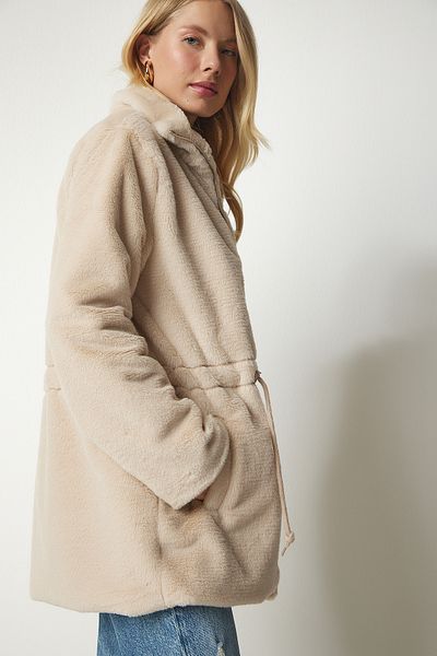Happiness İstanbul Übergroßer, pelziger Plüschmantel mit Reißverschluss für Damen in Beige RV00149