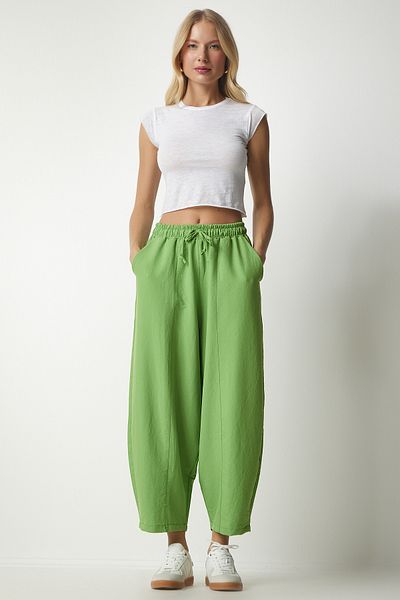 Happiness İstanbul Women's Pistachio Green Pocketed Linen Viscose Shalwar Trousers CV00001