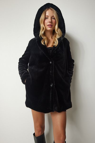 Happiness İstanbul Women's Black Hooded Oversize Furry Plush Coat RV00148