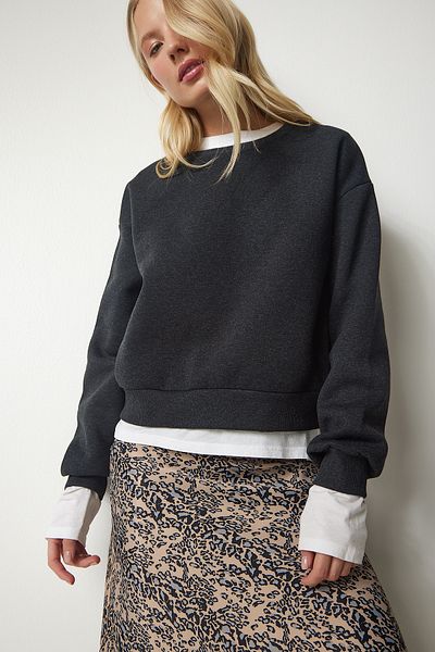 Happiness İstanbul Anthrazitfarbenes, kurzes Sweatshirt mit Reliefmuster für Damen, UB00179