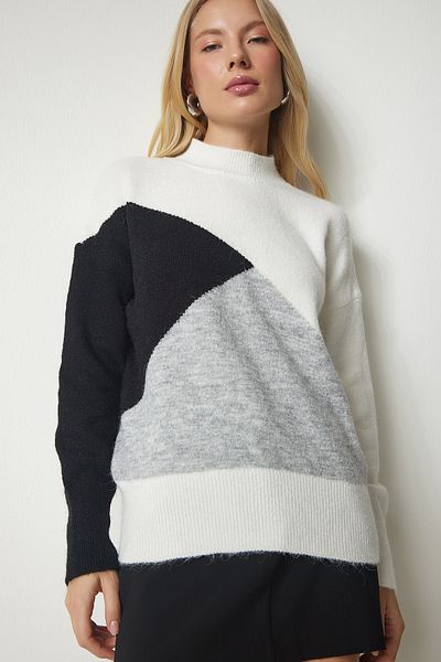 Happiness İstanbul Women's Ecru Black Block Colorful Stand Collar Knitwear Sweater MX00148