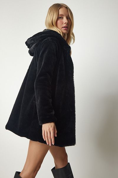 Happiness İstanbul Women's Black Hooded Oversize Furry Plush Coat RV00148