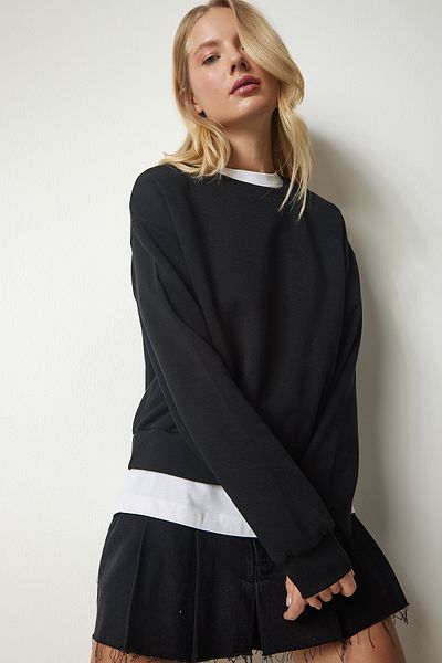 Happiness İstanbul Schwarzes, kurzes Sweatshirt mit Reliefmuster für Damen UB00179