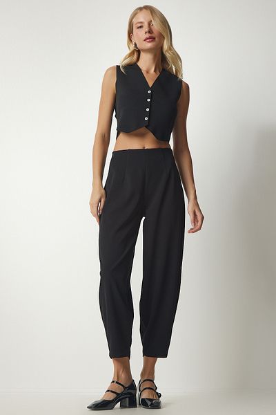 Happiness İstanbul Women's Black Darted Woven Shalwar Trousers TO00099