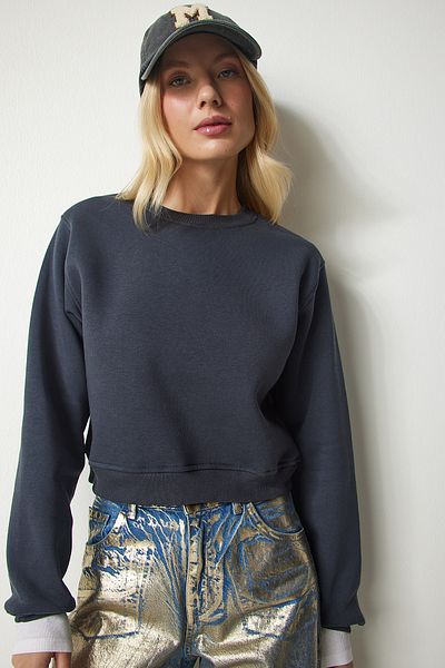 Happiness İstanbul Anthrazitfarbenes, kurzes Sweatshirt mit Reliefmuster für Damen UB00178