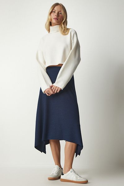 Happiness İstanbul Women's Navy Blue Asymmetric Cut Ribbed Knitted Skirt MC00227