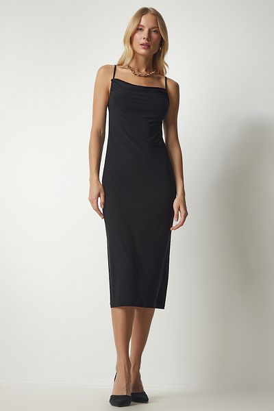 Happiness İstanbul Women's Black Strappy Plunging Neck Sandy Dress TO00094
