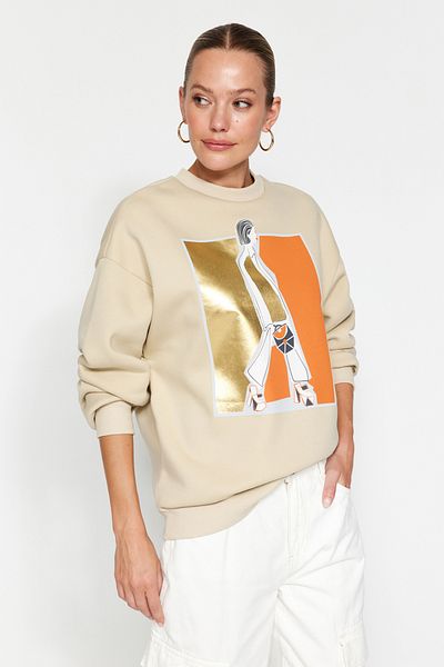 Trendyol Collection Potištěná kamenná fólie Silný fleece Uvnitř Crew Krk Oversize Pletená mikina TWOAW24SW00132