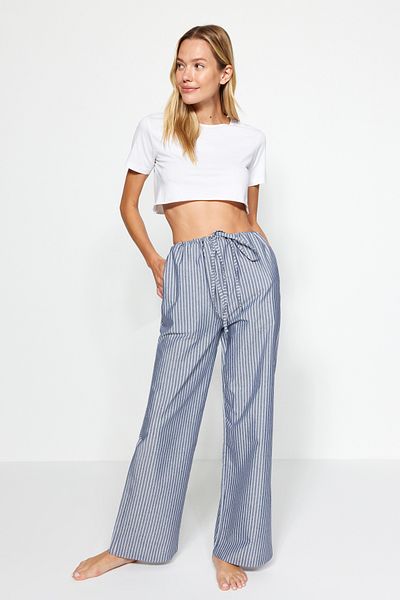 Trendyol Collection Premium Blue Striped Lacing Detailed Viscose Wide Fit Woven Pajama Bottoms THMAW24PJ00006