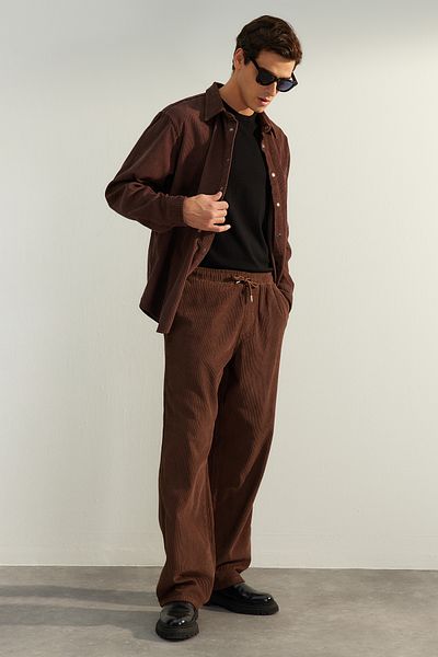 Trendyol Collection Brown Limited Edition 100% Cotton Velvet Wide Leg Pants - Tmnaw24Pl00009