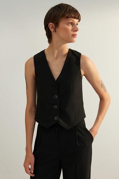Trendyol Collection Black Premium Buttoned Crop Woven Vest Twoaw24Ye00061