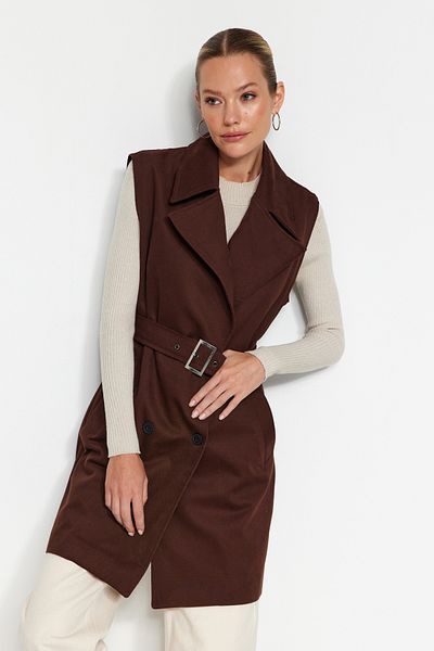 Trendyol Collection Καφέ Oversize ζωσμένο γιλέκο τρυπήματος TWOAW24YE00084