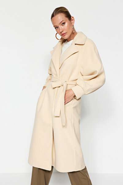 Trendyol Collection Ecru Oversize Wide Cut Belted Balloon Sleeve Detailed Long Stamp Coat TWOAW24KB00173