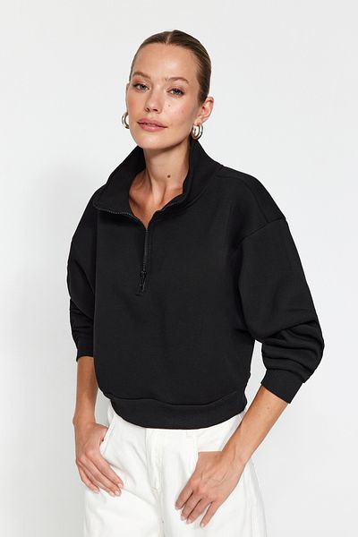 Trendyol Collection Černá uvolněná střih Crop Basic Stojáček na zip Silný fleece uvnitř Pletená mikina TWOAW24SW00221