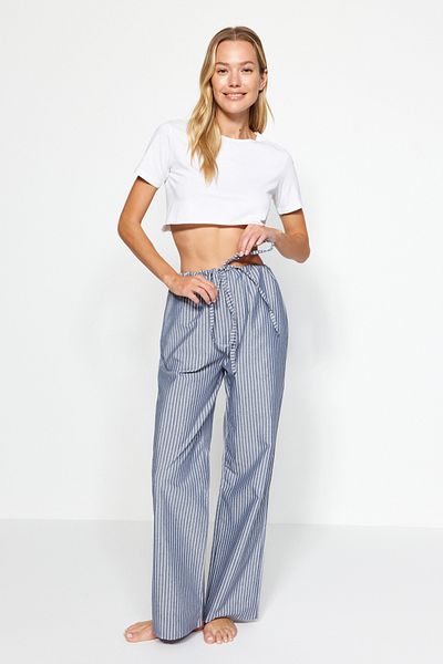 Trendyol Collection Premium Blue Striped Lacing Detailed Viscose Wide Fit Woven Pajama Bottoms THMAW24PJ00006
