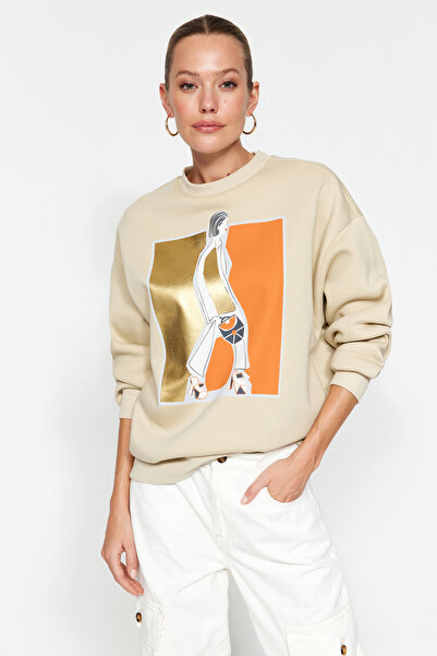 Trendyol Collection Dickes Fleece mit Steinfoliendruck innen, Rundhalsausschnitt, Oversize-Sweatshirt aus Strick TWOAW24SW00132