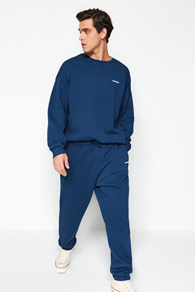 Trendyol Collection Indigo oversized /Wide Cut Lettering με τύπωμα Ζεστό φούτερ Φούτερ Φόρμα TMNAW24EM00004