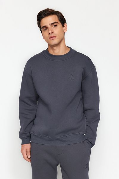 Trendyol Collection Anthrazitfarbenes Oversize-/Weitschnitt-Sweatshirt mit halbem Rollkragen und Buchstabenstickerei mit Fleece-Innenseite TMNAW24SW00046