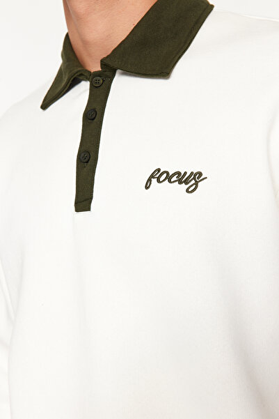 Trendyol Collection Mikina Polo Collar Embroideed Ecru Embroideed Ecru - Regular Cut, Fleece Vnitřní povrch, TMNAW24sw00241