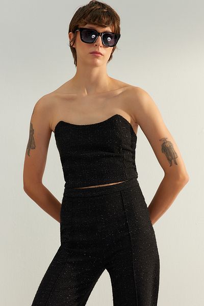 Trendyol Collection Bluzka bez ramiączek z czarnego brokatu - Premium Woven, Twoaw24Bz00425
