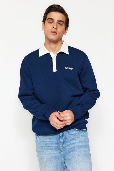 Trendyol Collection Navy Blue Polo Collar Embroidered Sweatshirt - Cotton, Fleece TMNAW24SW00241