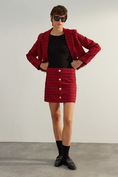 Trendyol Collection Piros prémium kiváló minőségű gomb, részletes Tweed szövet mini szőtt szoknya TWOAW24ET00275