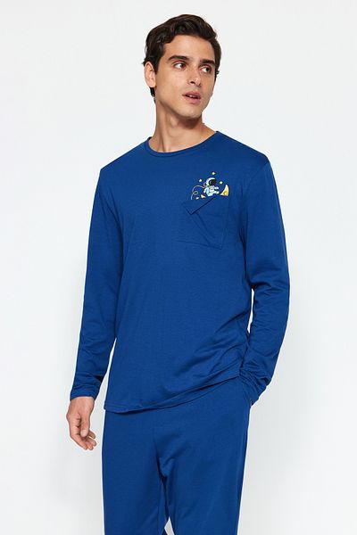 Trendyol Collection Indigo Regular Fit nyomtatott kötött pizsama szett TMNAW24PT00043