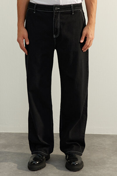 Trendyol Collection Μαύρο 100% βαμβακερό τζιν φαρδύ τζιν παντελόνι TMNAW24JE00014