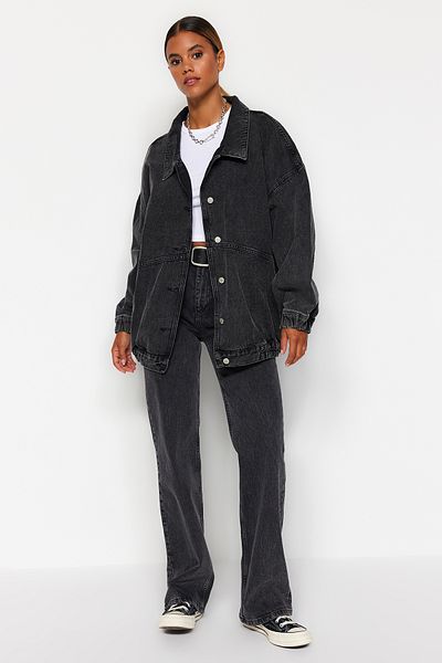 Trendyol Collection Black Stitching Detailed Oversize Bomber Denim Jacket TWOAW24CE00063